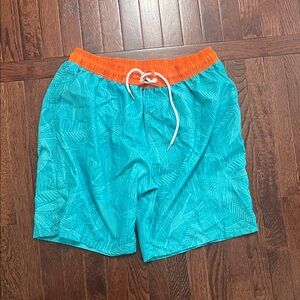 Men's Teal Swim Trunks with Orange Waistband - Casual Beach Shorts